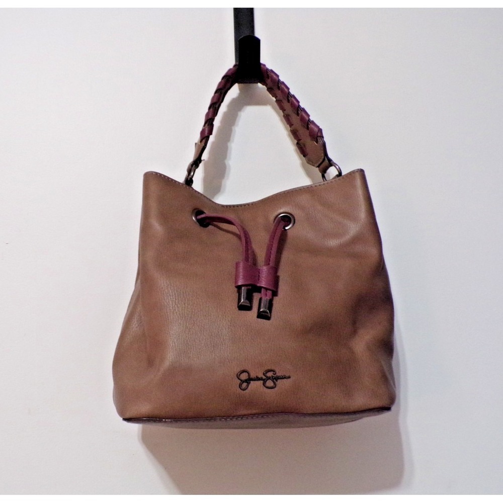 Jessica Simpson Bucket Leather Brown Handbag Snap & Draw String Closure Nice!!